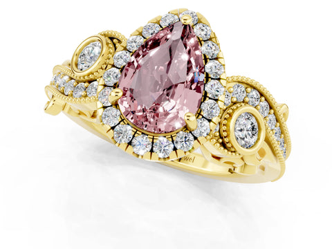 Yellow gold Pear Cut Morganite Halo Ring with Milgrain Pavé Band and Four-Prong Setting_13