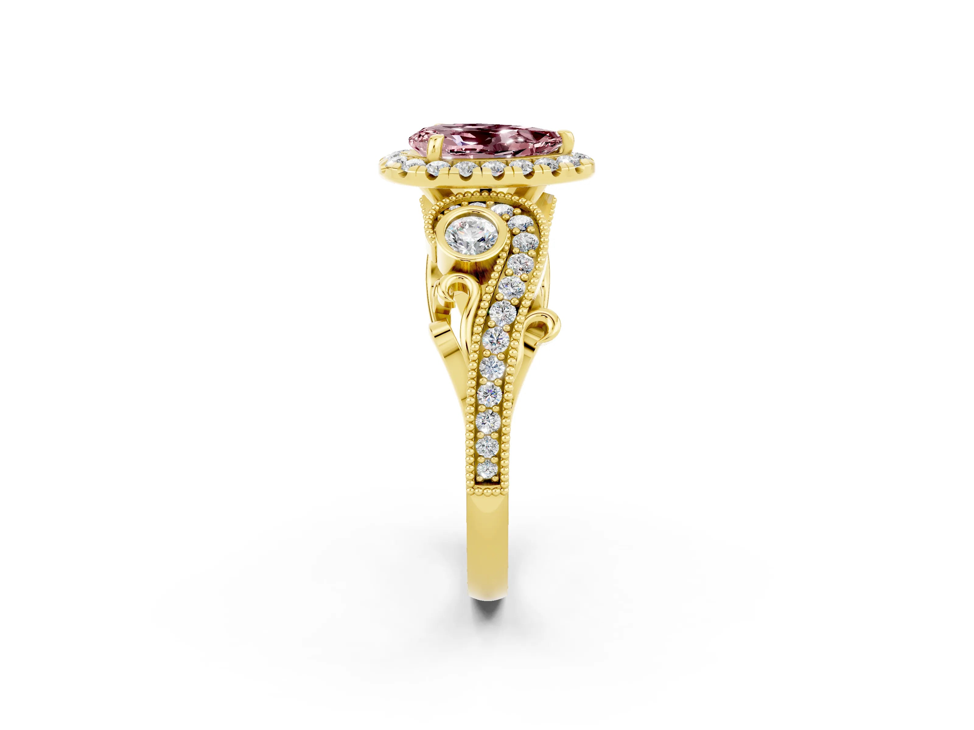 Yellow gold Pear Cut Morganite Halo Ring with Milgrain Pavé Band and Four-Prong Setting_14