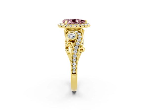 Yellow gold Pear Cut Morganite Halo Ring with Milgrain Pavé Band and Four-Prong Setting