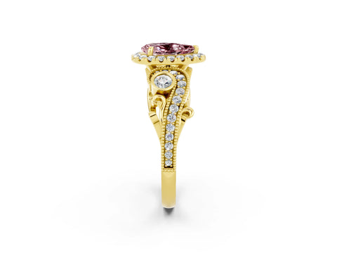 Yellow gold Pear Cut Morganite Halo Ring with Milgrain Pavé Band and Four-Prong Setting_14