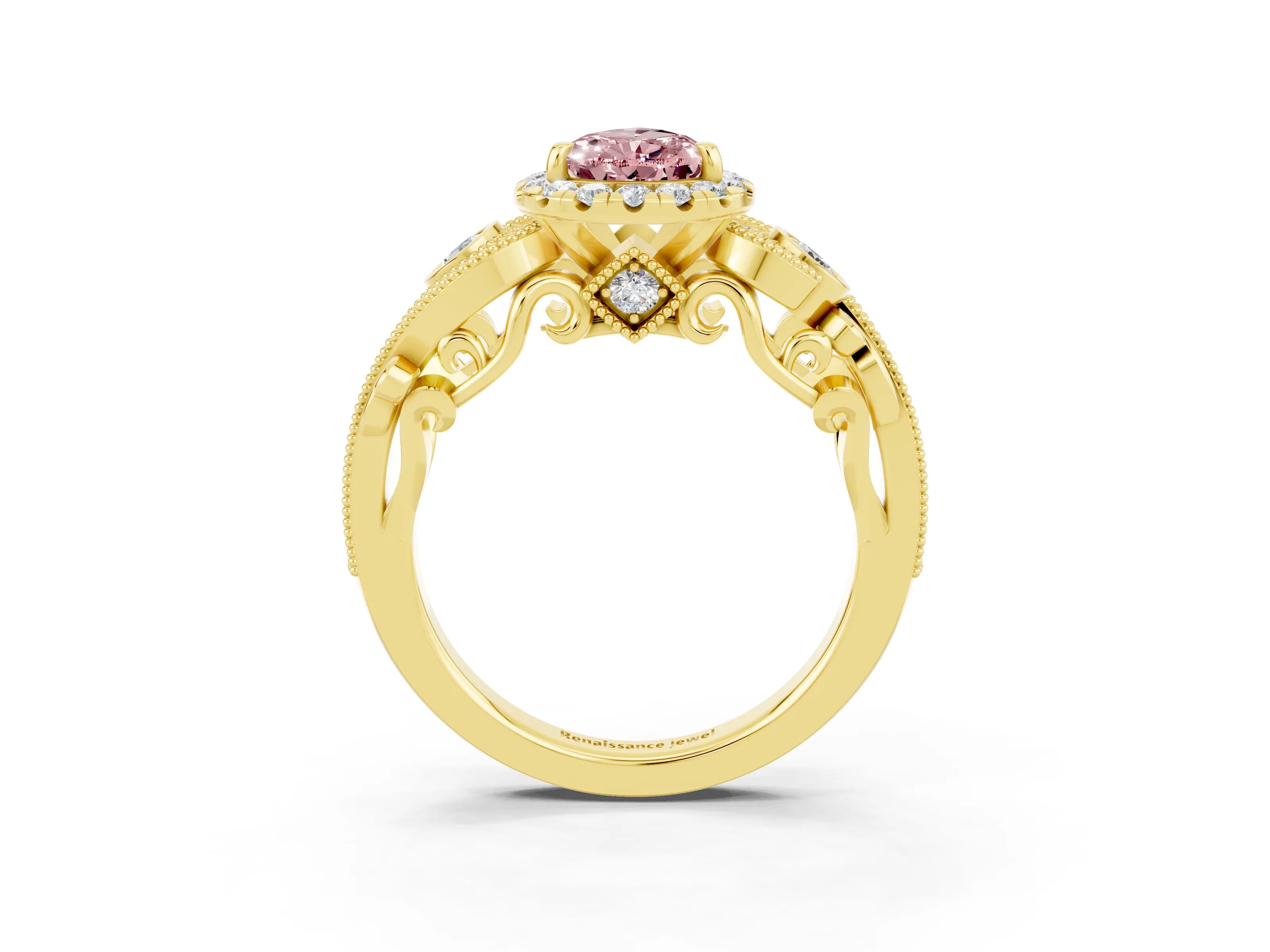 Yellow gold Pear Cut Morganite Halo Ring with Milgrain Pavé Band and Four-Prong Setting_15