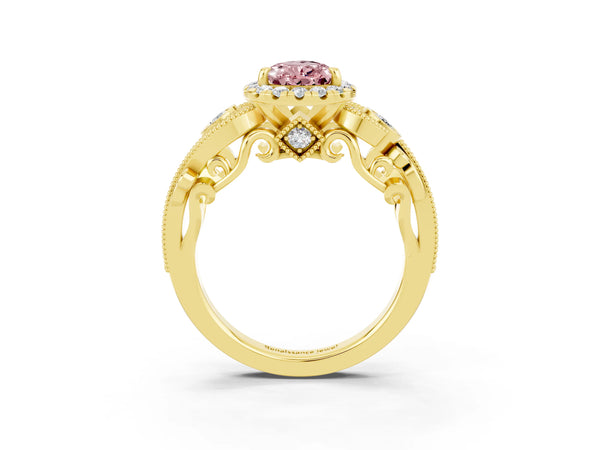 Yellow gold Pear Cut Morganite Halo Ring with Milgrain Pavé Band and Four-Prong Setting