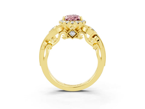 Yellow gold Pear Cut Morganite Halo Ring with Milgrain Pavé Band and Four-Prong Setting_15
