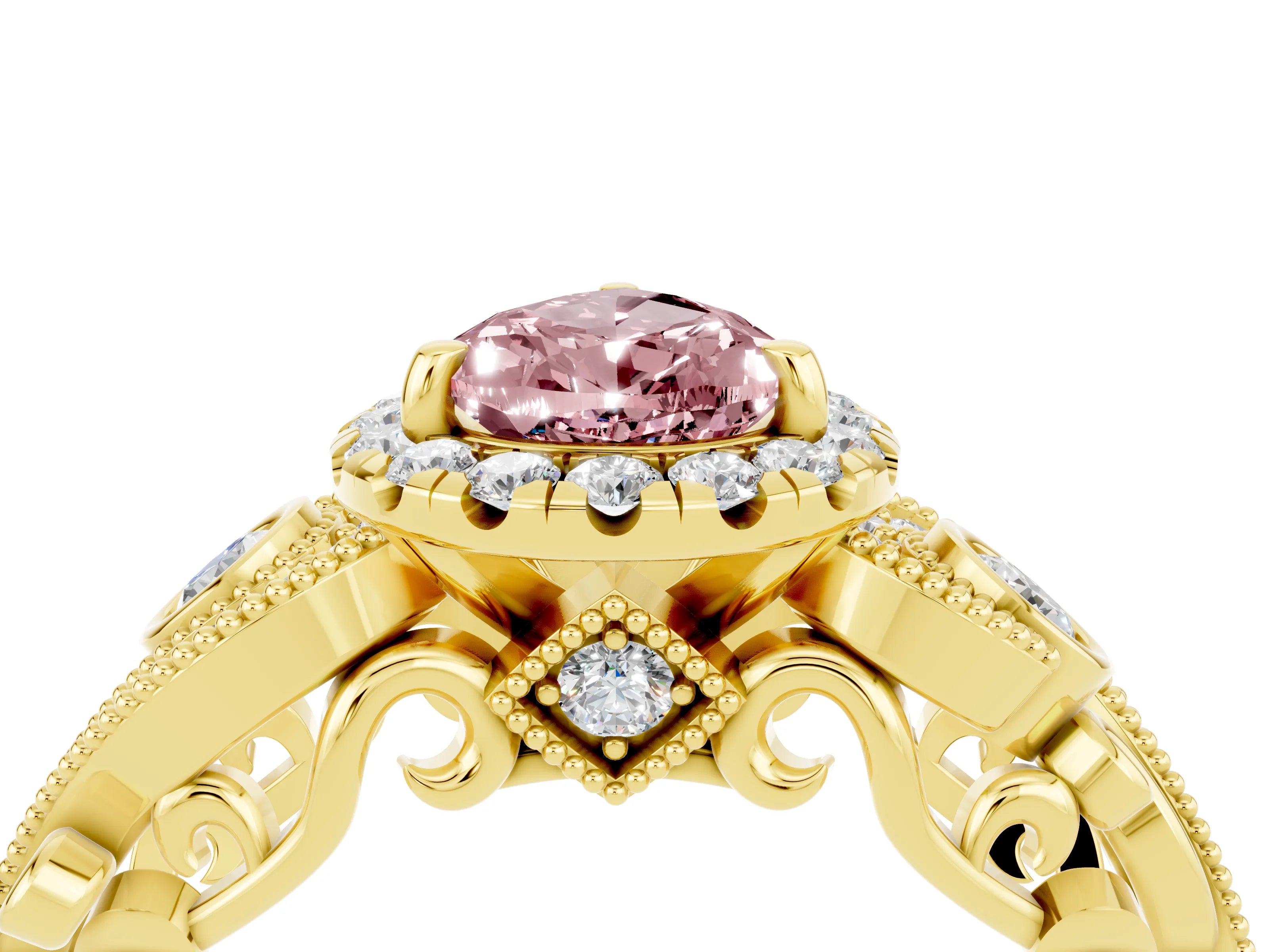 Yellow gold Pear Cut Morganite Halo Ring with Milgrain Pavé Band and Four-Prong Setting_16