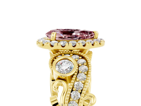 Yellow gold Pear Cut Morganite Halo Ring with Milgrain Pavé Band and Four-Prong Setting_17