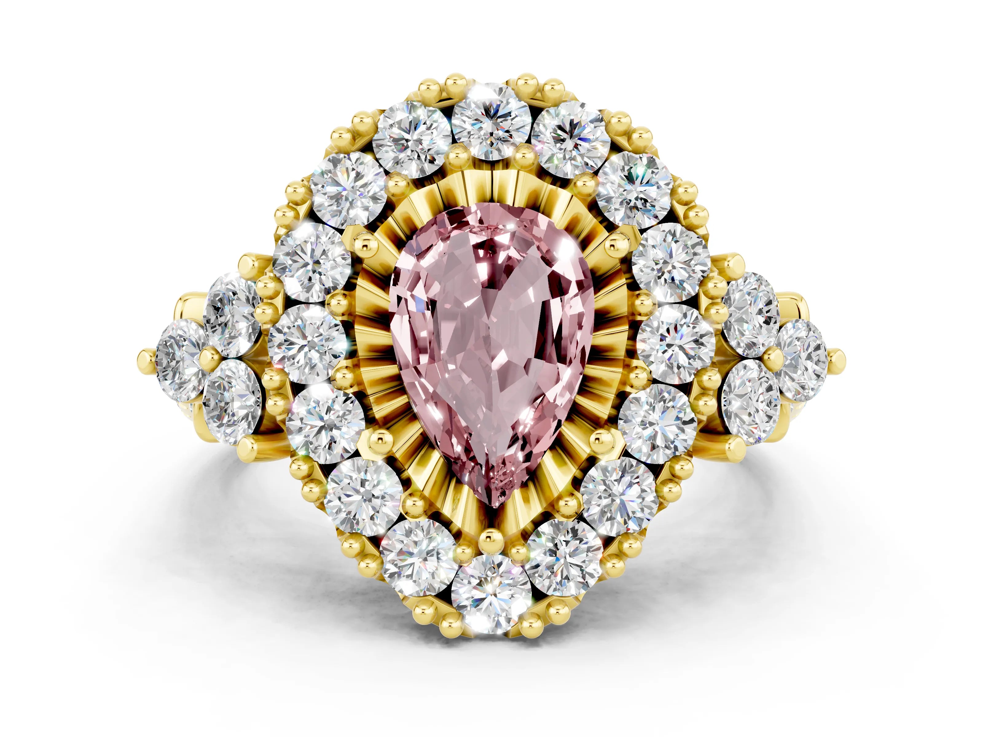 Yellow gold Pear Cut Morganite Halo Ring with Pavé Band and Four-Prong Setting_12