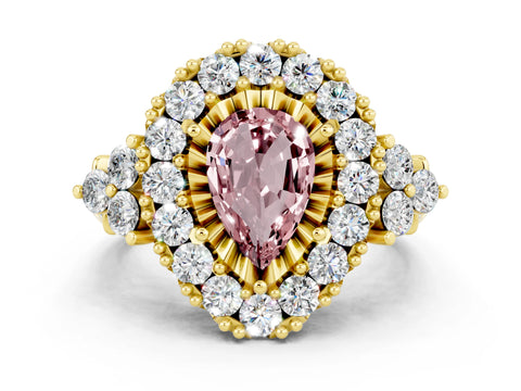Yellow gold Pear Cut Morganite Halo Ring with Pavé Band and Four-Prong Setting_12