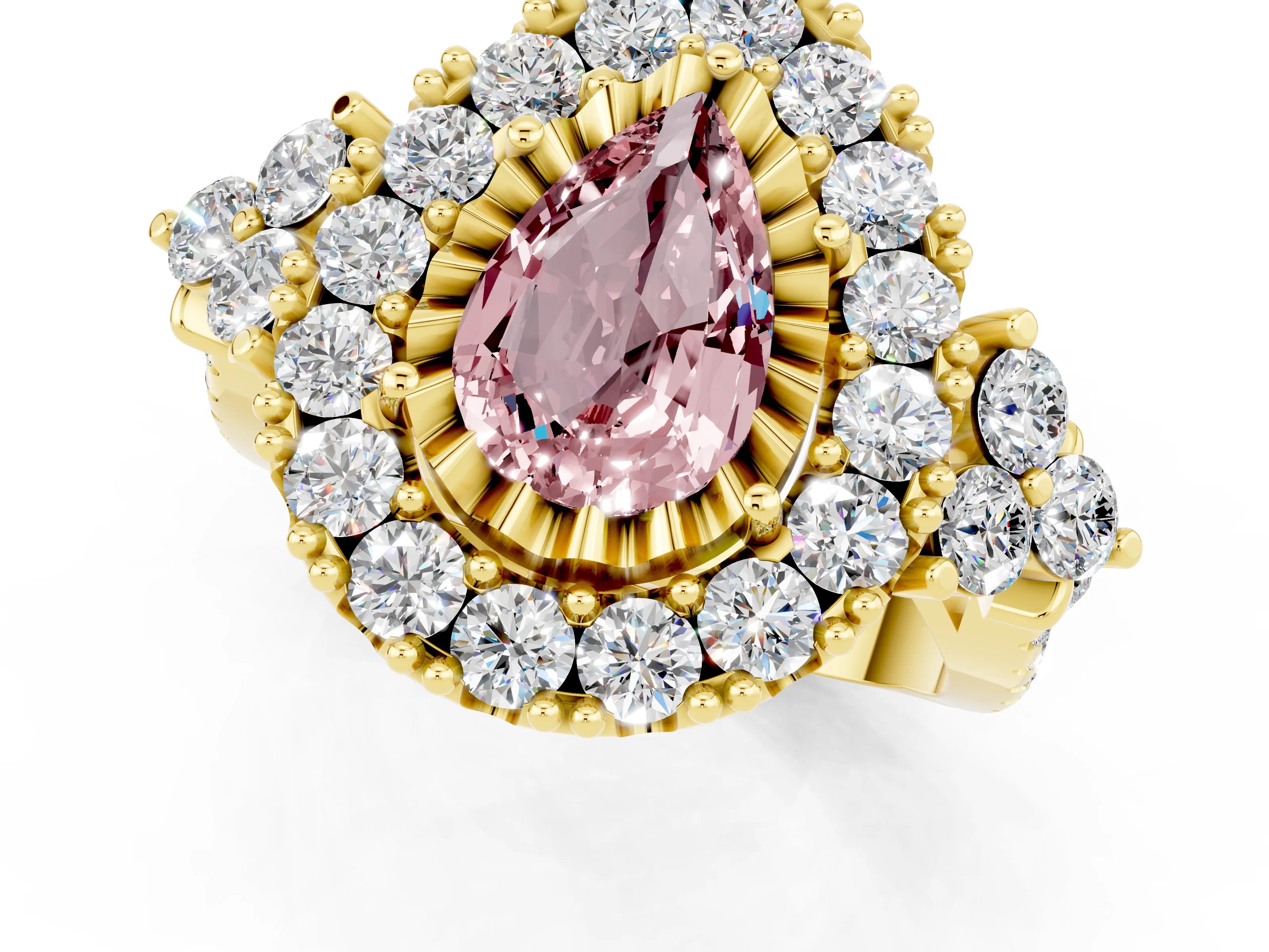Yellow gold Pear Cut Morganite Halo Ring with Pavé Band and Four-Prong Setting_13