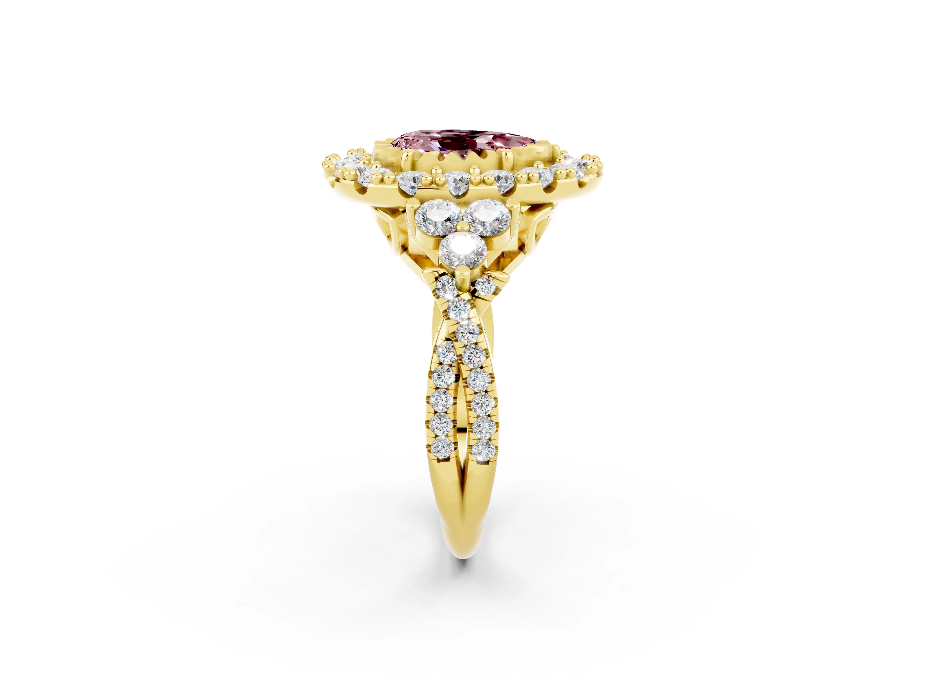Yellow gold Pear Cut Morganite Halo Ring with Pavé Band and Four-Prong Setting_14