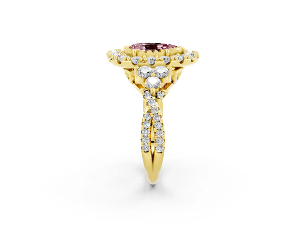 Yellow gold Pear Cut Morganite Halo Ring with Pavé Band and Four-Prong Setting