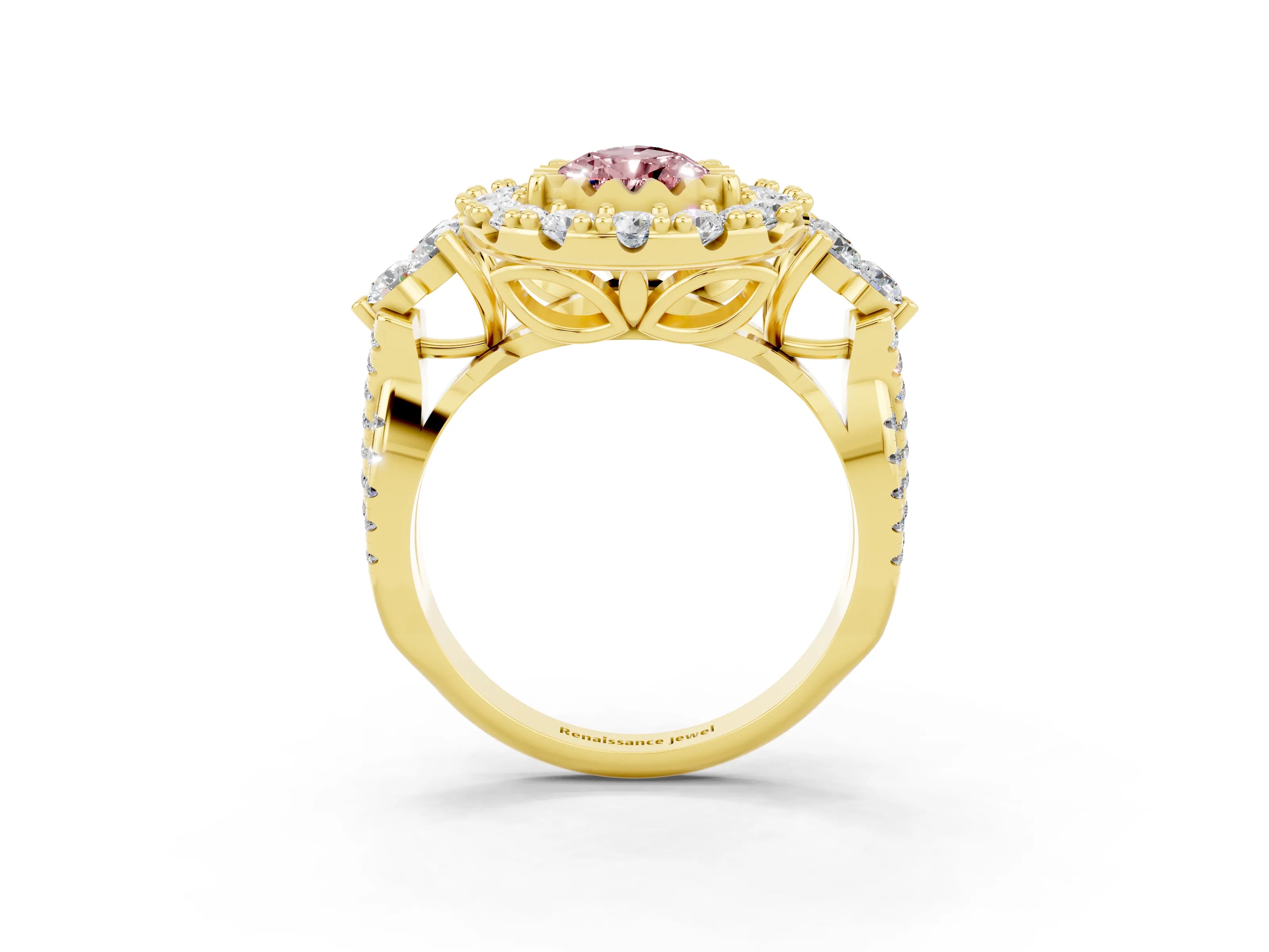 Yellow gold Pear Cut Morganite Halo Ring with Pavé Band and Four-Prong Setting_15