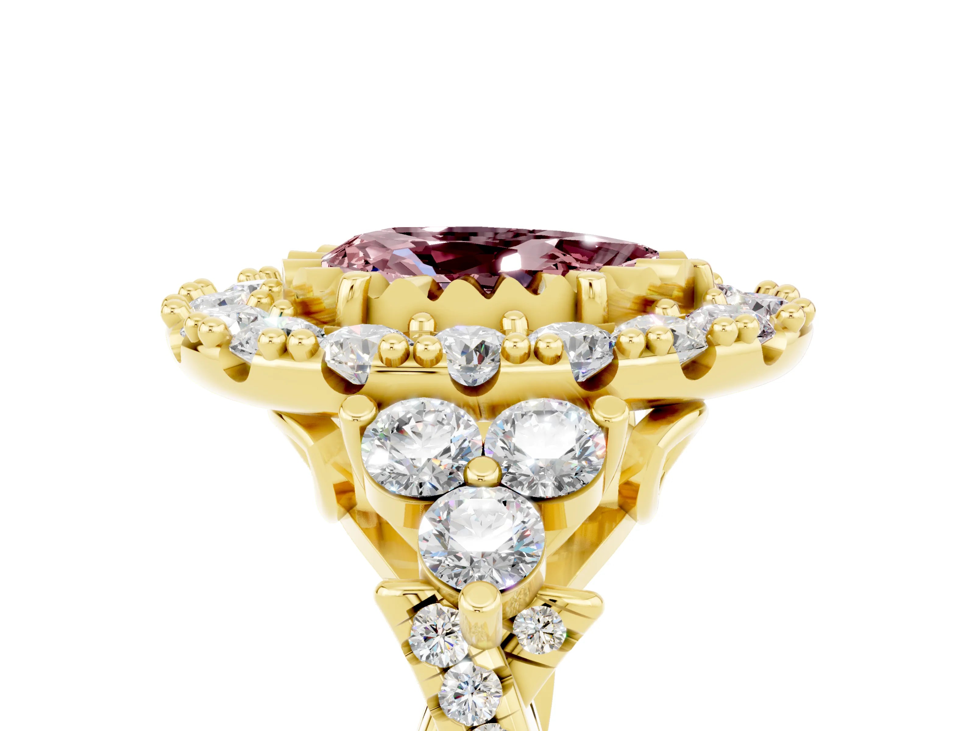 Yellow gold Pear Cut Morganite Halo Ring with Pavé Band and Four-Prong Setting_17