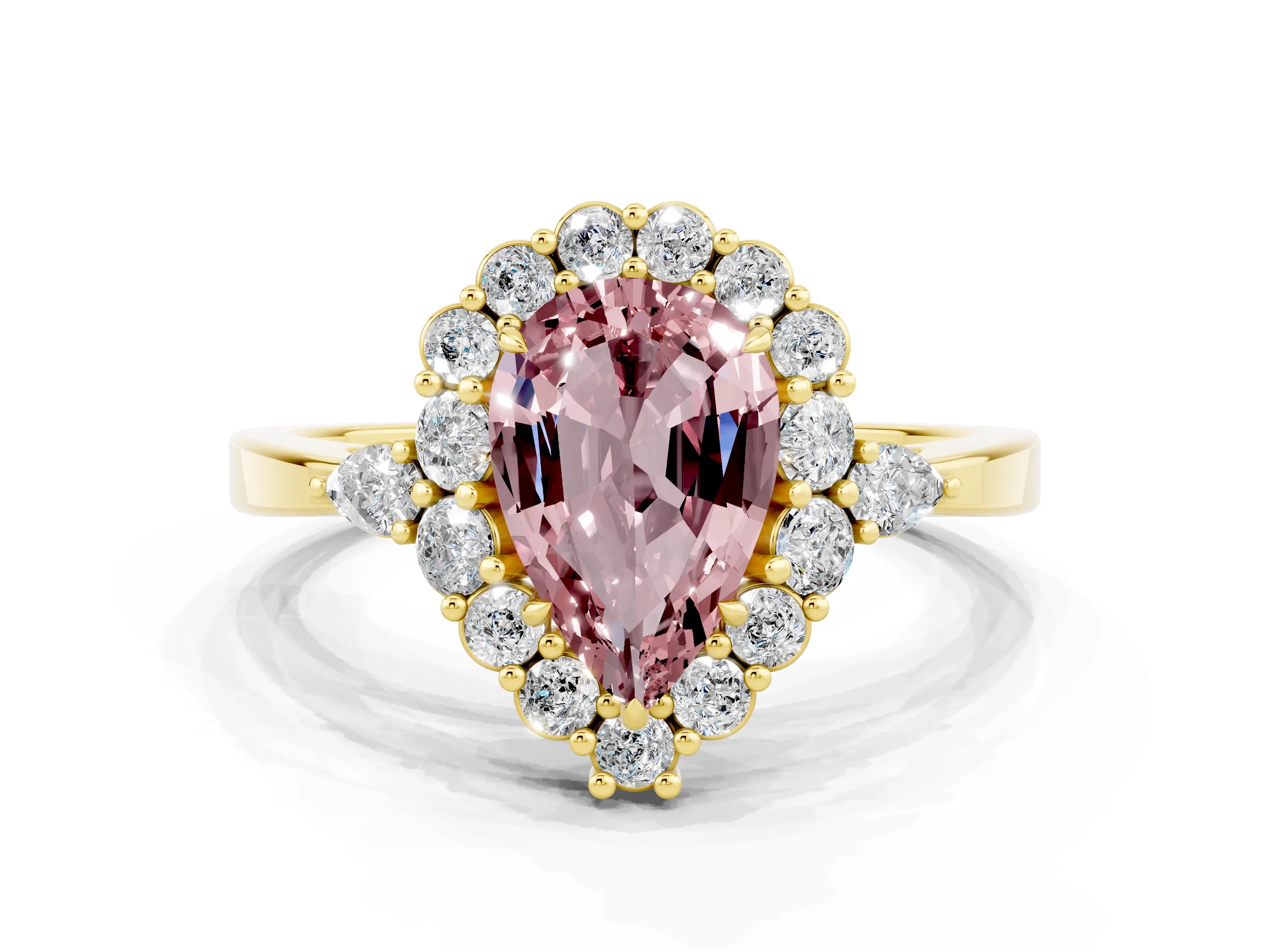 Yellow gold Pear Cut Morganite Halo Ring with Pear Side Stones and Prong Setting_36
