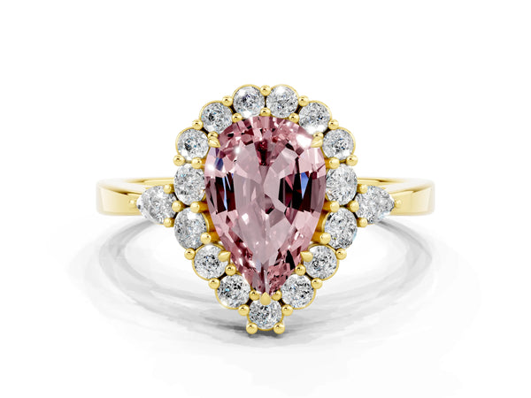 Yellow gold Pear Cut Morganite Halo Ring with Pear Side Stones and Prong Setting