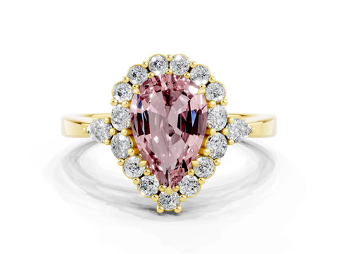 Yellow gold Pear Cut Morganite Halo Ring with Pear Side Stones and Prong Setting_36