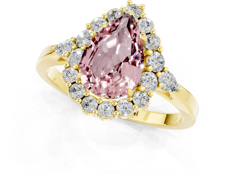 Yellow gold Pear Cut Morganite Halo Ring with Pear Side Stones and Prong Setting_37