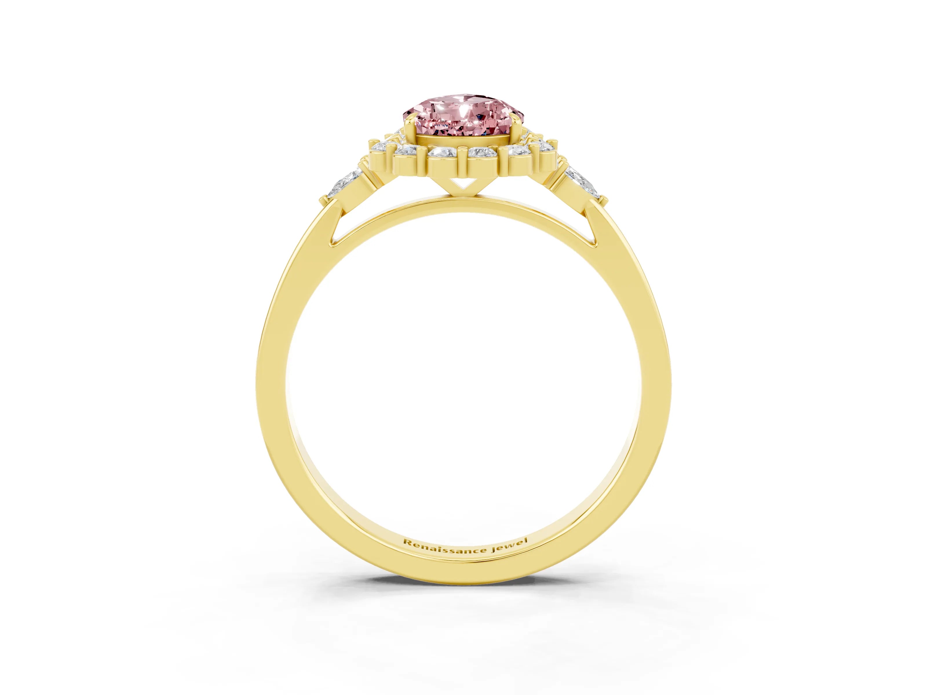 Yellow gold Pear Cut Morganite Halo Ring with Pear Side Stones and Prong Setting_39