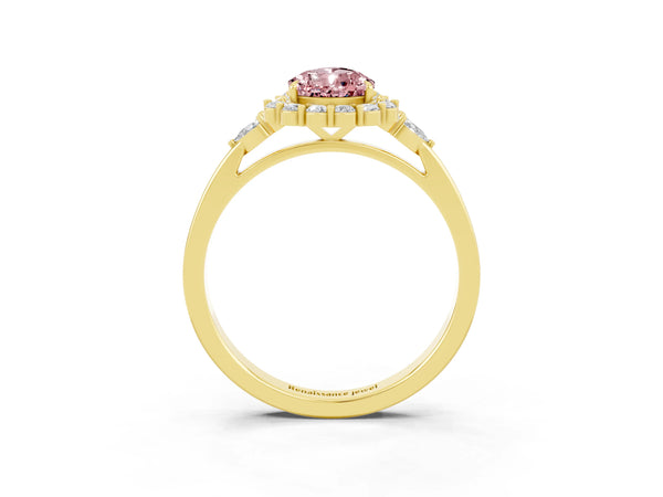 Yellow gold Pear Cut Morganite Halo Ring with Pear Side Stones and Prong Setting