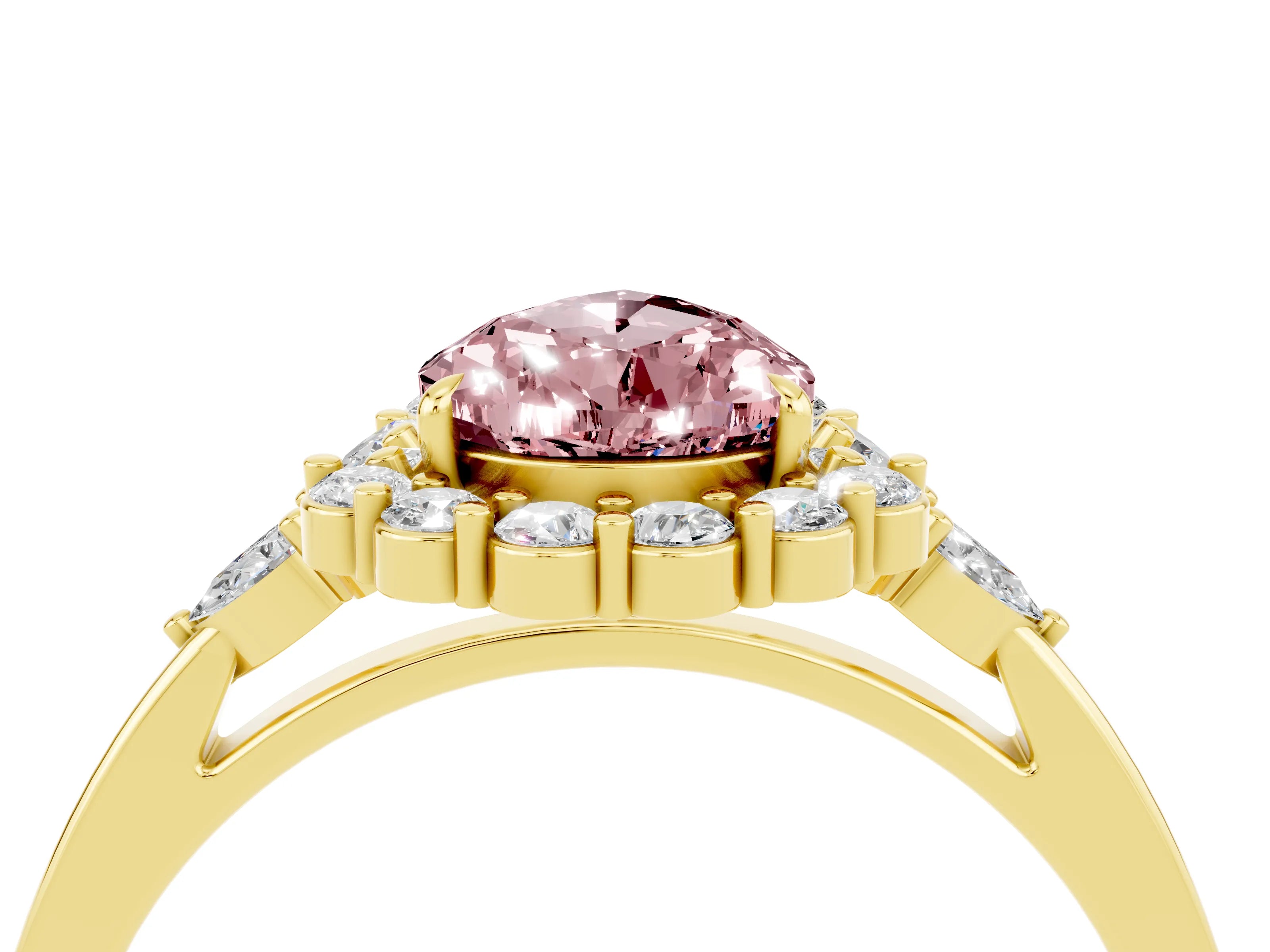 Yellow gold Pear Cut Morganite Halo Ring with Pear Side Stones and Prong Setting_40