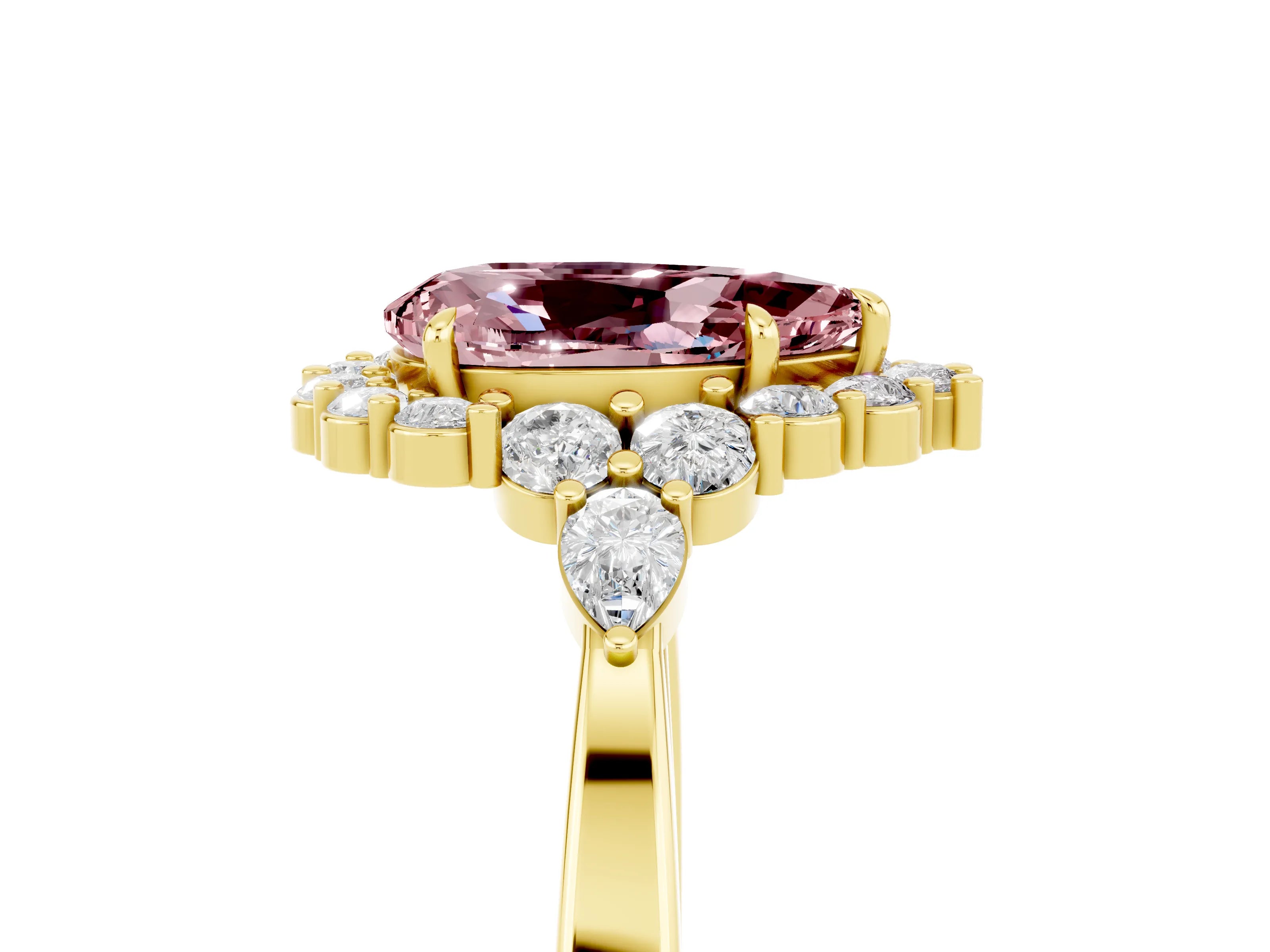 Yellow gold Pear Cut Morganite Halo Ring with Pear Side Stones and Prong Setting_41