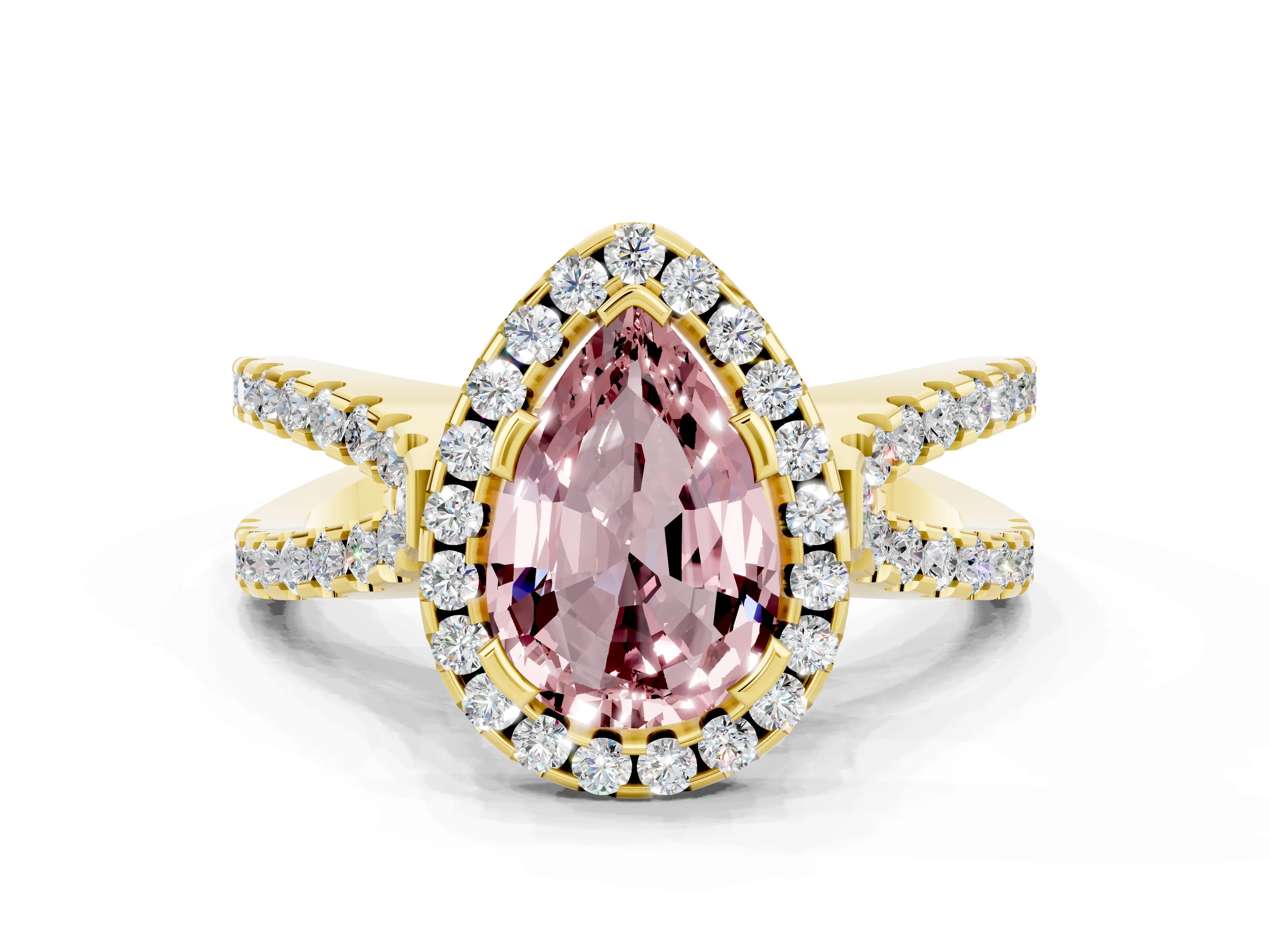 Yellow gold Pear Cut Morganite Halo Ring with Split Shank Pavé Band and Prong Setting