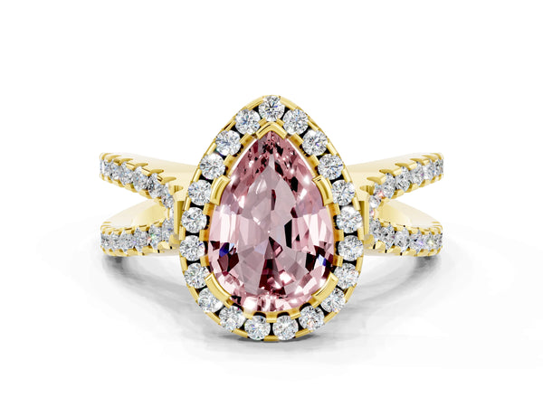 Yellow gold Pear Cut Morganite Halo Ring with Split Shank Pavé Band and Prong Setting