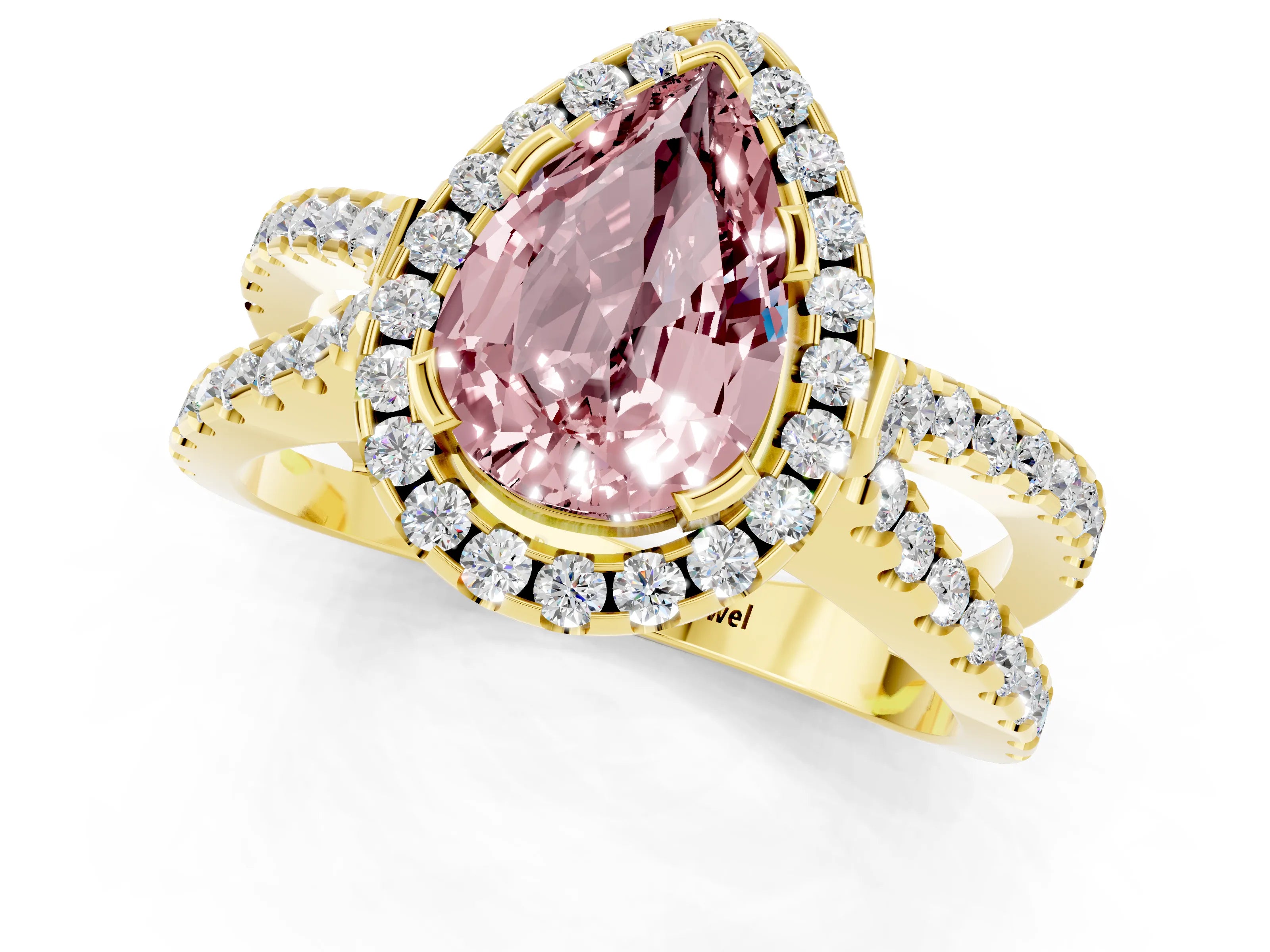 Yellow gold Pear Cut Morganite Halo Ring with Split Shank Pavé Band and Prong Setting_1