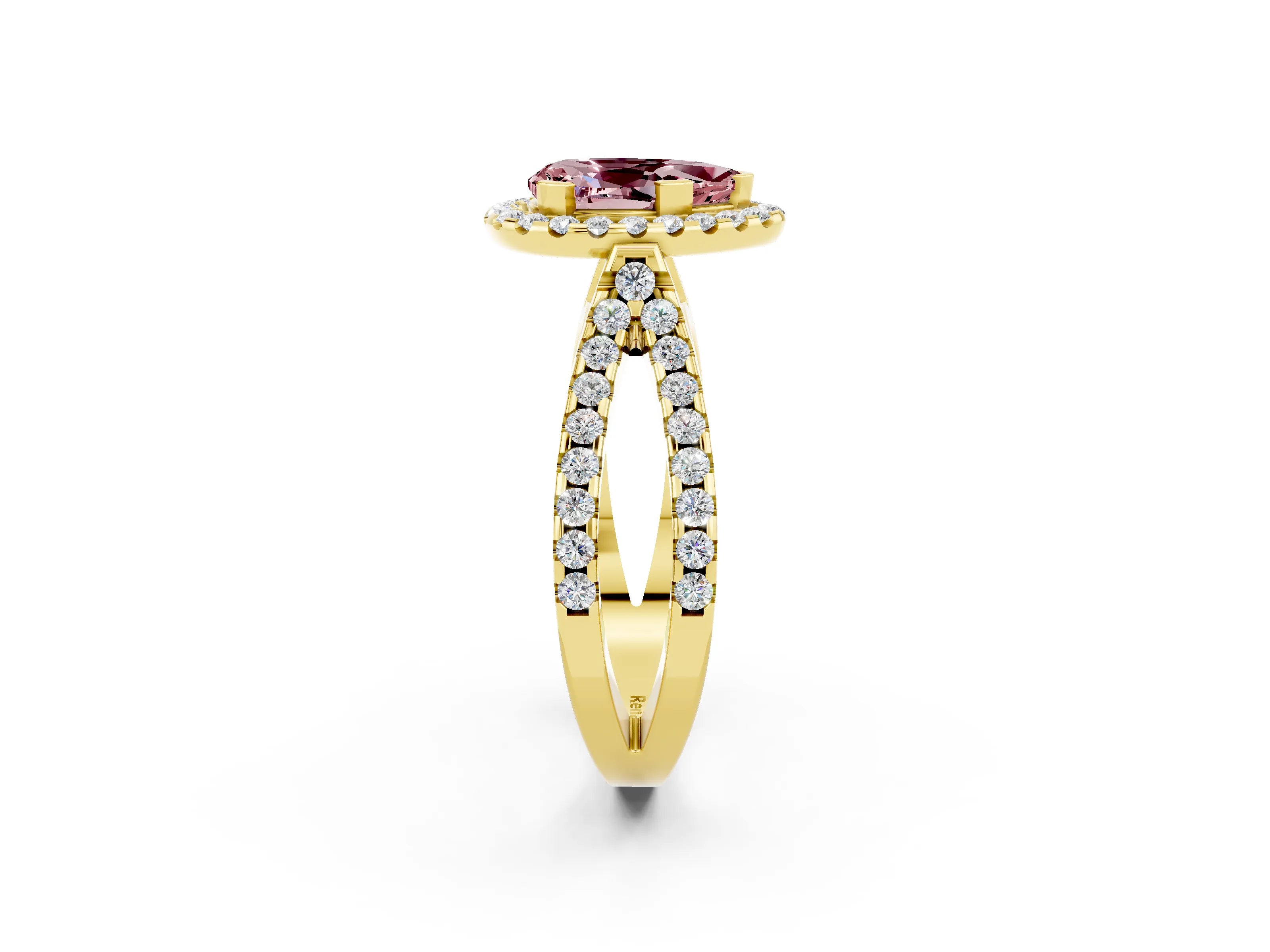 Yellow gold Pear Cut Morganite Halo Ring with Split Shank Pavé Band and Prong Setting_2