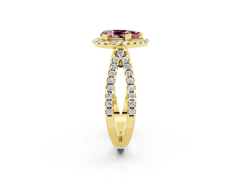 Yellow gold Pear Cut Morganite Halo Ring with Split Shank Pavé Band and Prong Setting_2