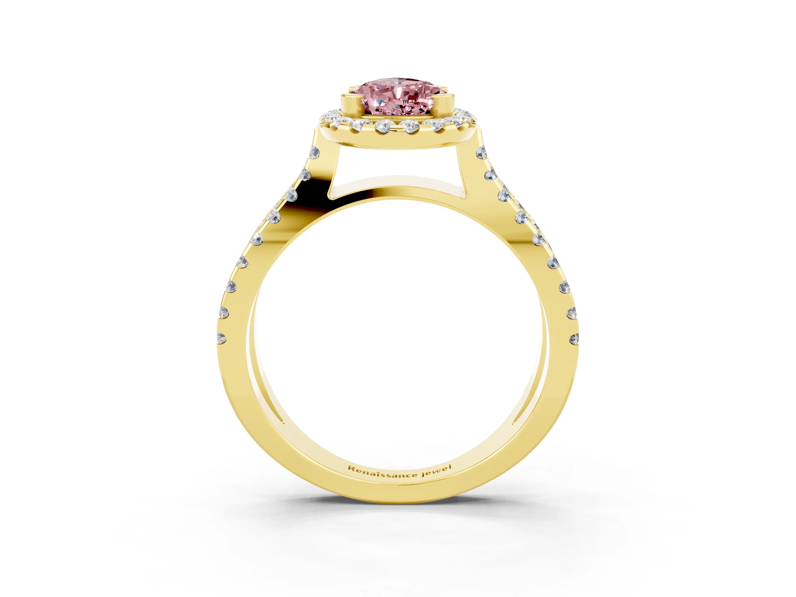 Yellow gold Pear Cut Morganite Halo Ring with Split Shank Pavé Band and Prong Setting_3