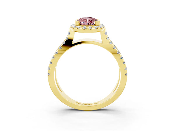 Yellow gold Pear Cut Morganite Halo Ring with Split Shank Pavé Band and Prong Setting