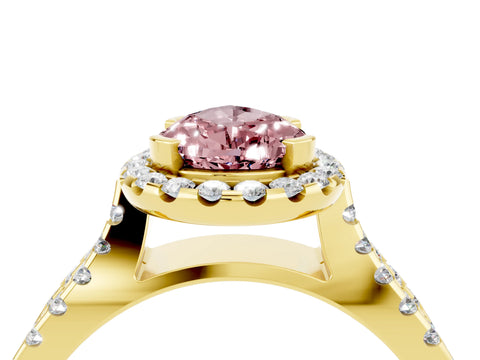 Yellow gold Pear Cut Morganite Halo Ring with Split Shank Pavé Band and Prong Setting_4