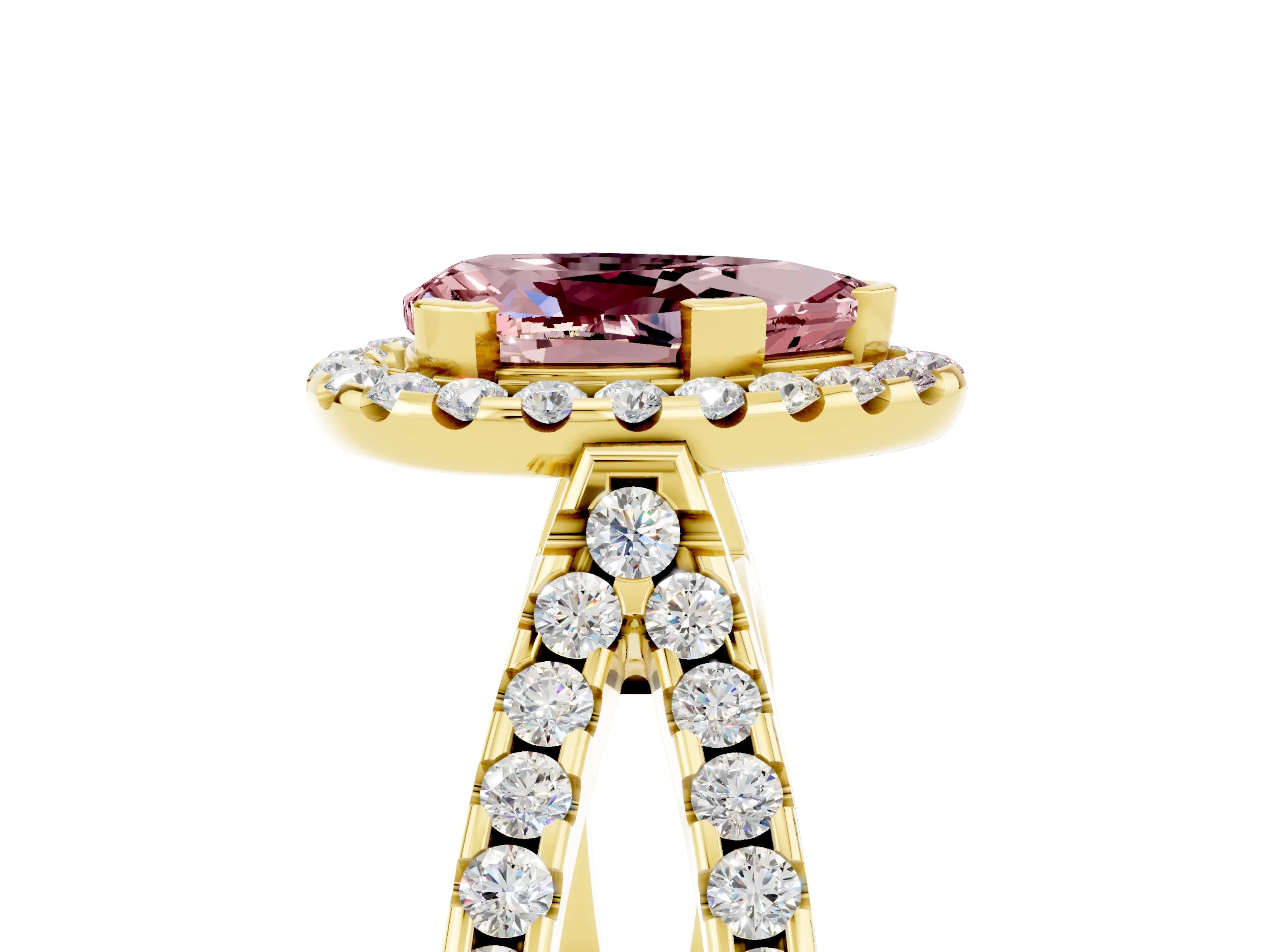 Yellow gold Pear Cut Morganite Halo Ring with Split Shank Pavé Band and Prong Setting_5