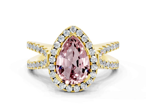 Yellow gold Pear Cut Morganite Halo Ring with Split Shank Pavé Band and Prong Setting