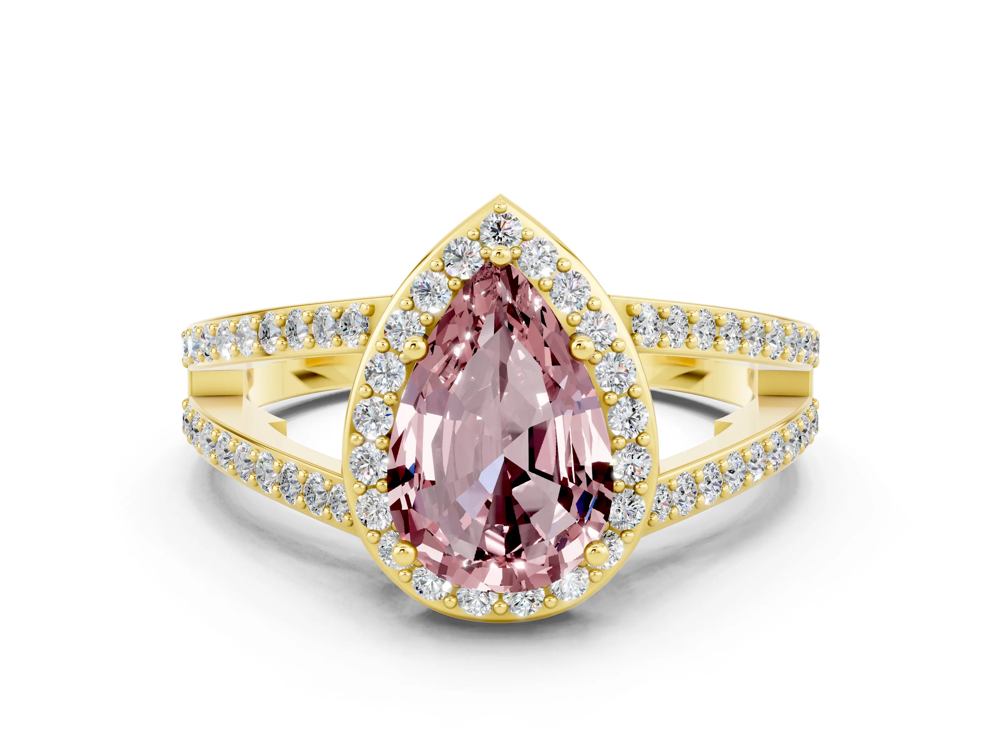Yellow gold Pear Cut Morganite Halo Ring with Split Shank U-Prong Band and Four-Prong Setting