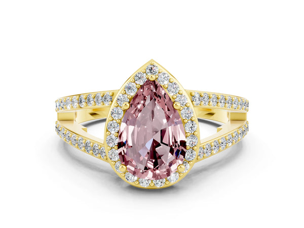 Yellow gold Pear Cut Morganite Halo Ring with Split Shank U-Prong Band and Four-Prong Setting