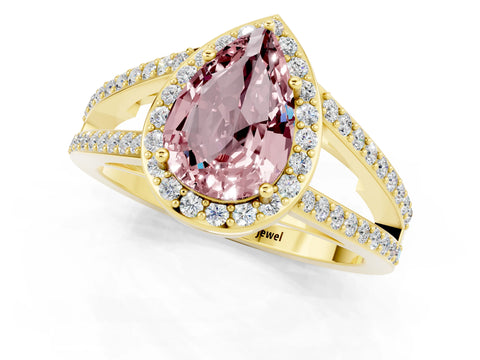 Yellow gold Pear Cut Morganite Halo Ring with Split Shank U-Prong Band and Four-Prong Setting_1
