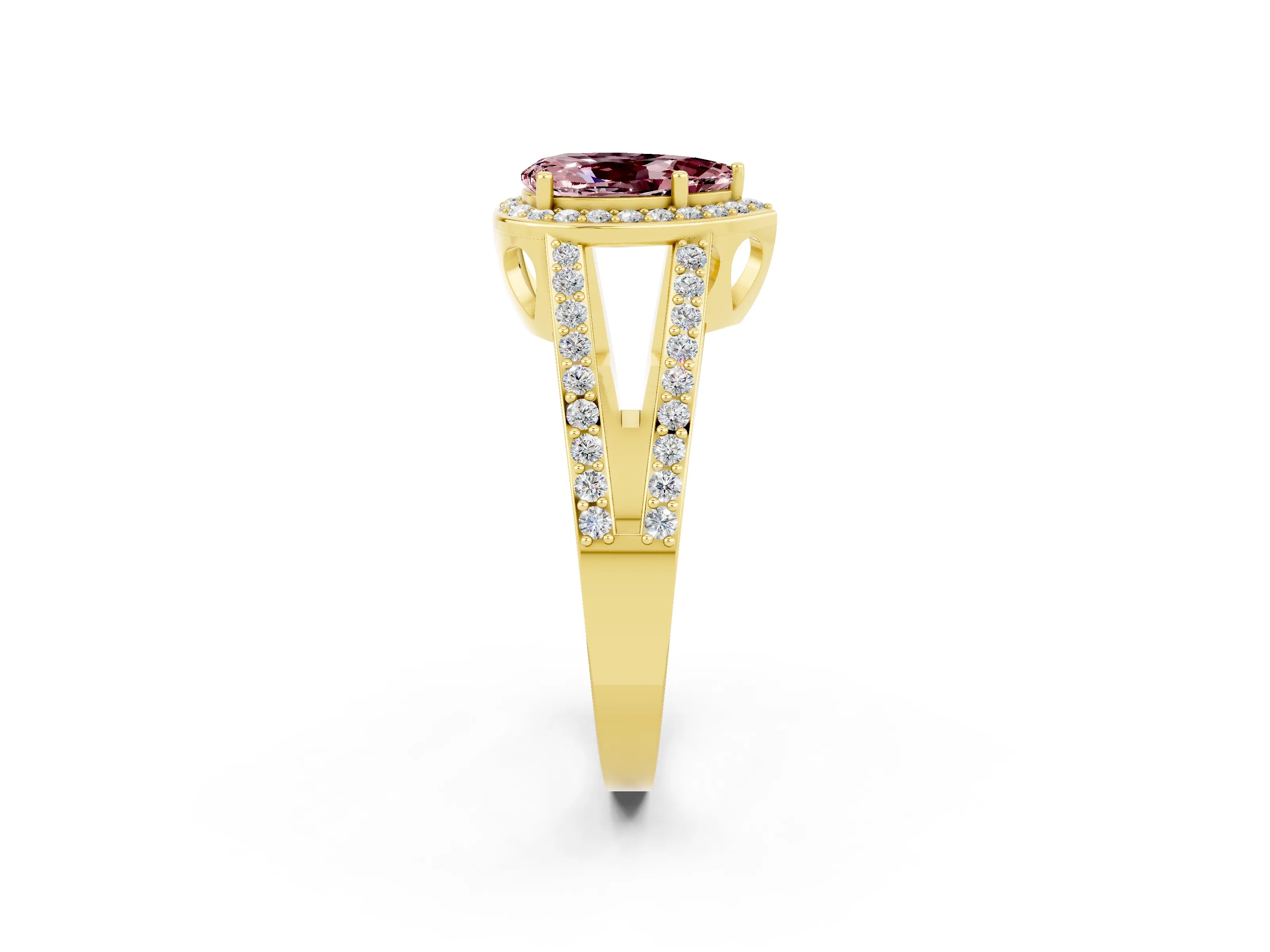 Yellow gold Pear Cut Morganite Halo Ring with Split Shank U-Prong Band and Four-Prong Setting_2