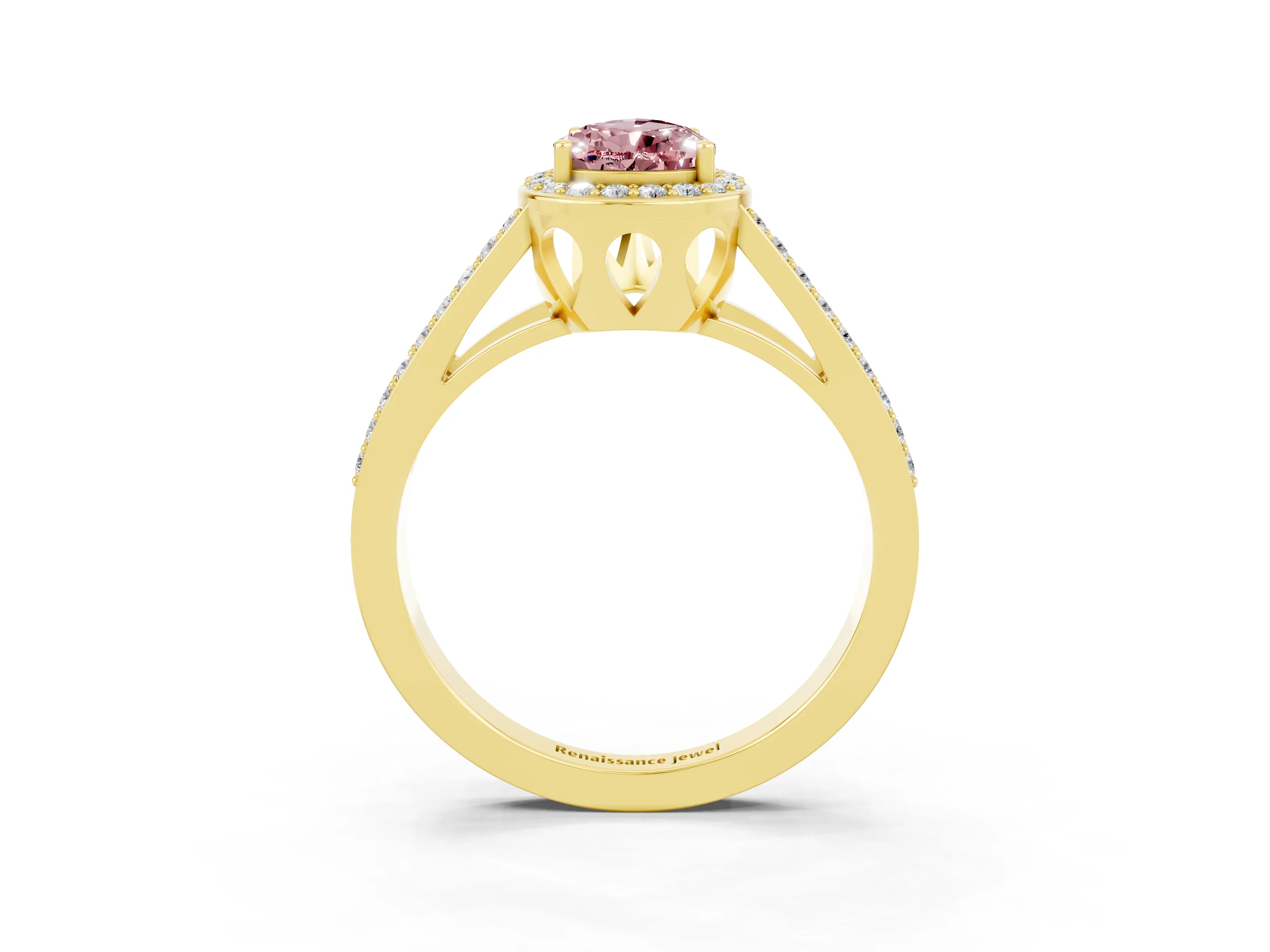 Yellow gold Pear Cut Morganite Halo Ring with Split Shank U-Prong Band and Four-Prong Setting_3