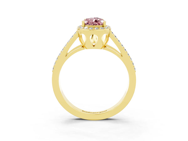 Yellow gold Pear Cut Morganite Halo Ring with Split Shank U-Prong Band and Four-Prong Setting
