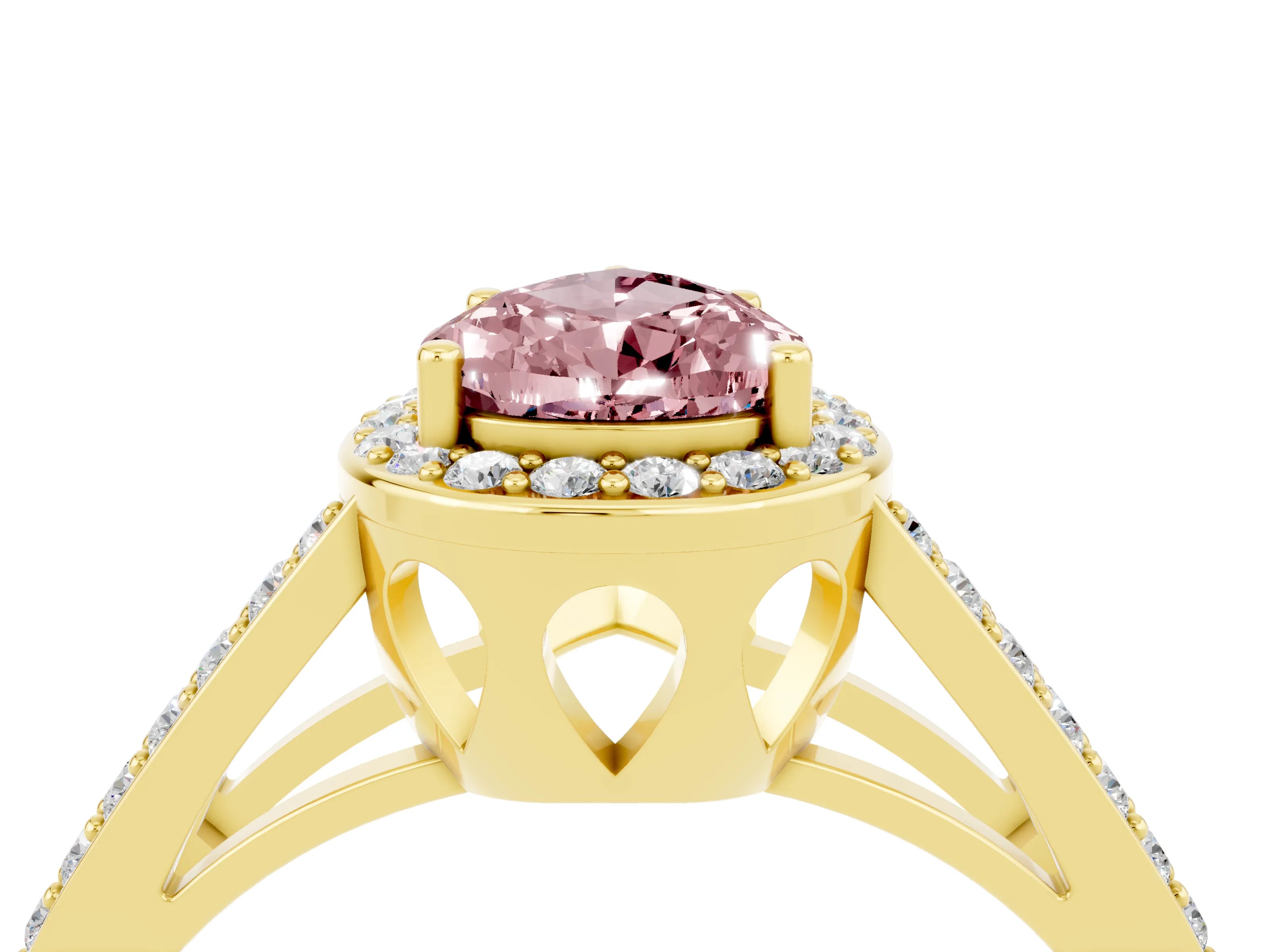 Yellow gold Pear Cut Morganite Halo Ring with Split Shank U-Prong Band and Four-Prong Setting_4
