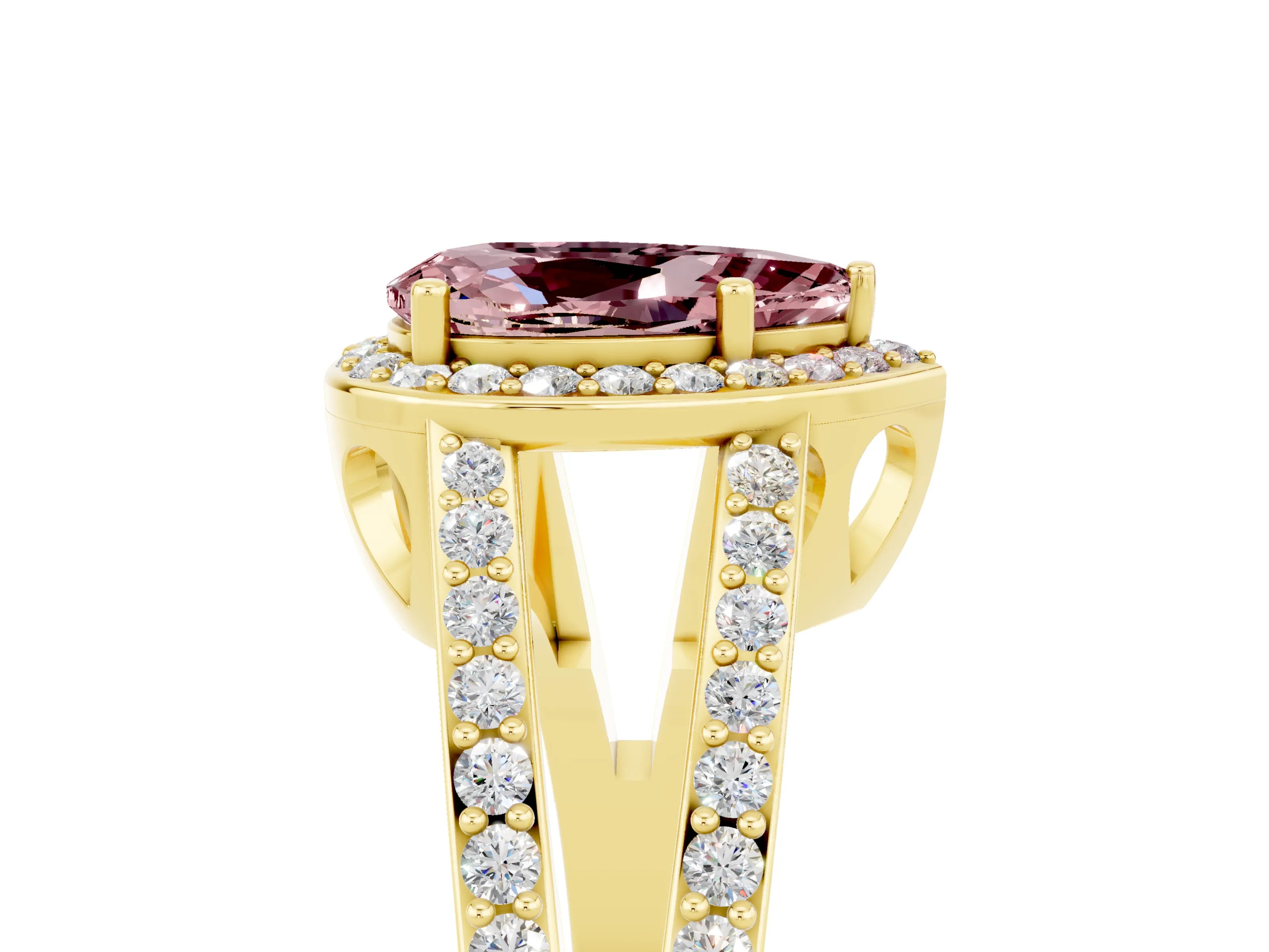Yellow gold Pear Cut Morganite Halo Ring with Split Shank U-Prong Band and Four-Prong Setting_5
