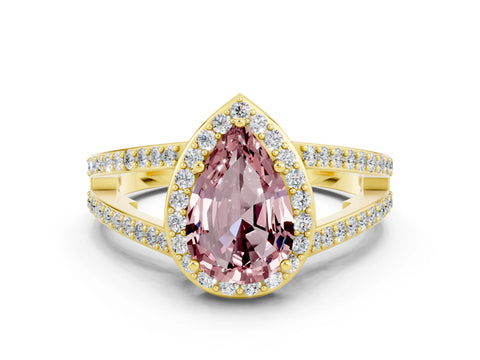 Yellow gold Pear Cut Morganite Halo Ring with Split Shank U-Prong Band and Four-Prong Setting
