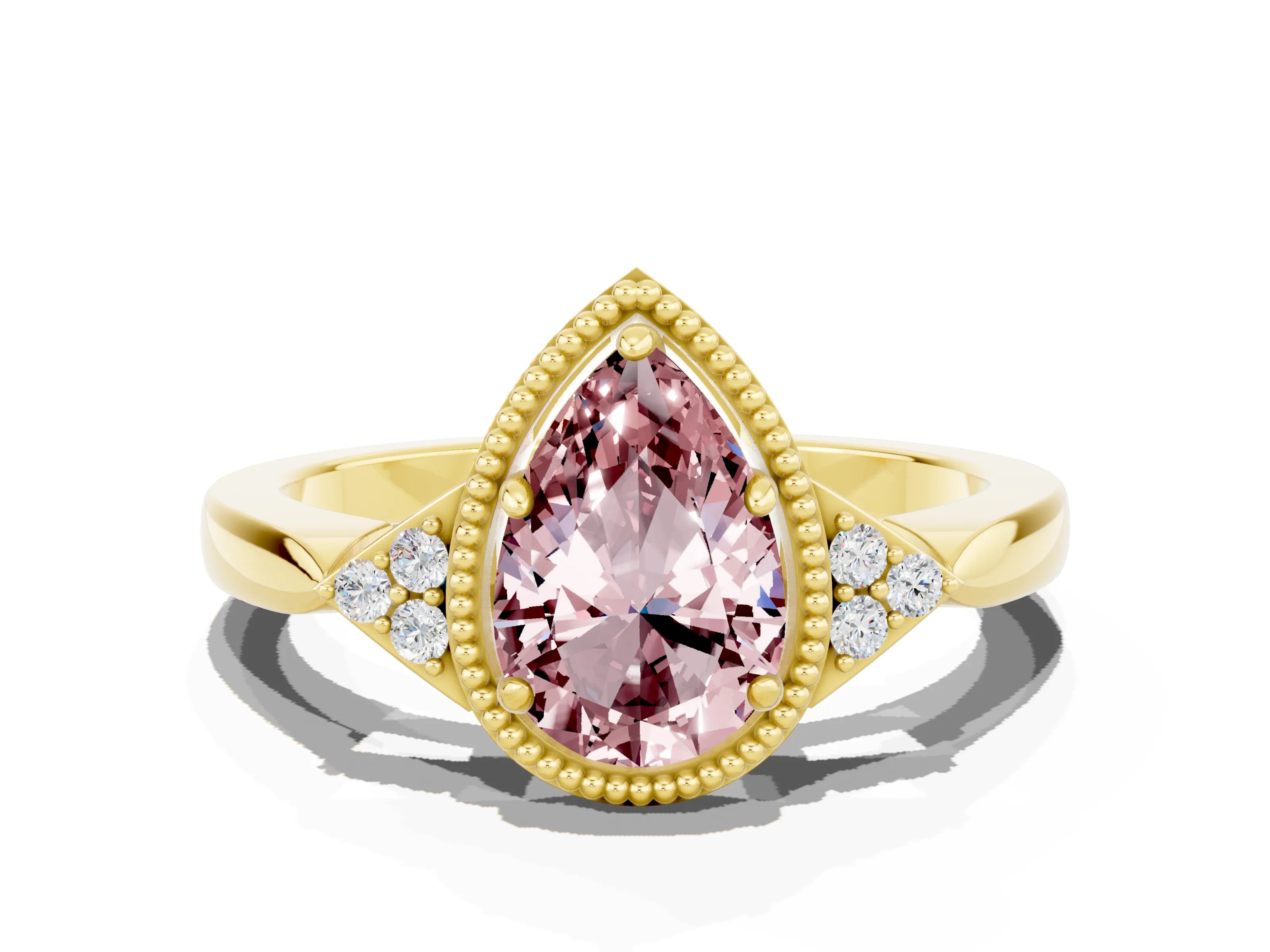 Yellow gold Pear Cut Morganite Halo Ring with Tapered Band and Four-Prong Setting