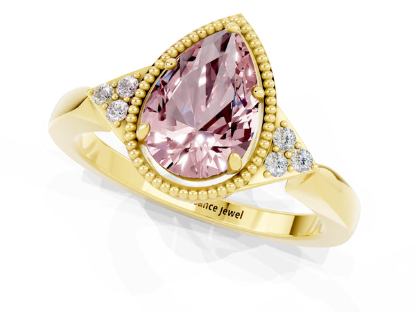 Yellow gold Pear Cut Morganite Halo Ring with Tapered Band and Four-Prong Setting