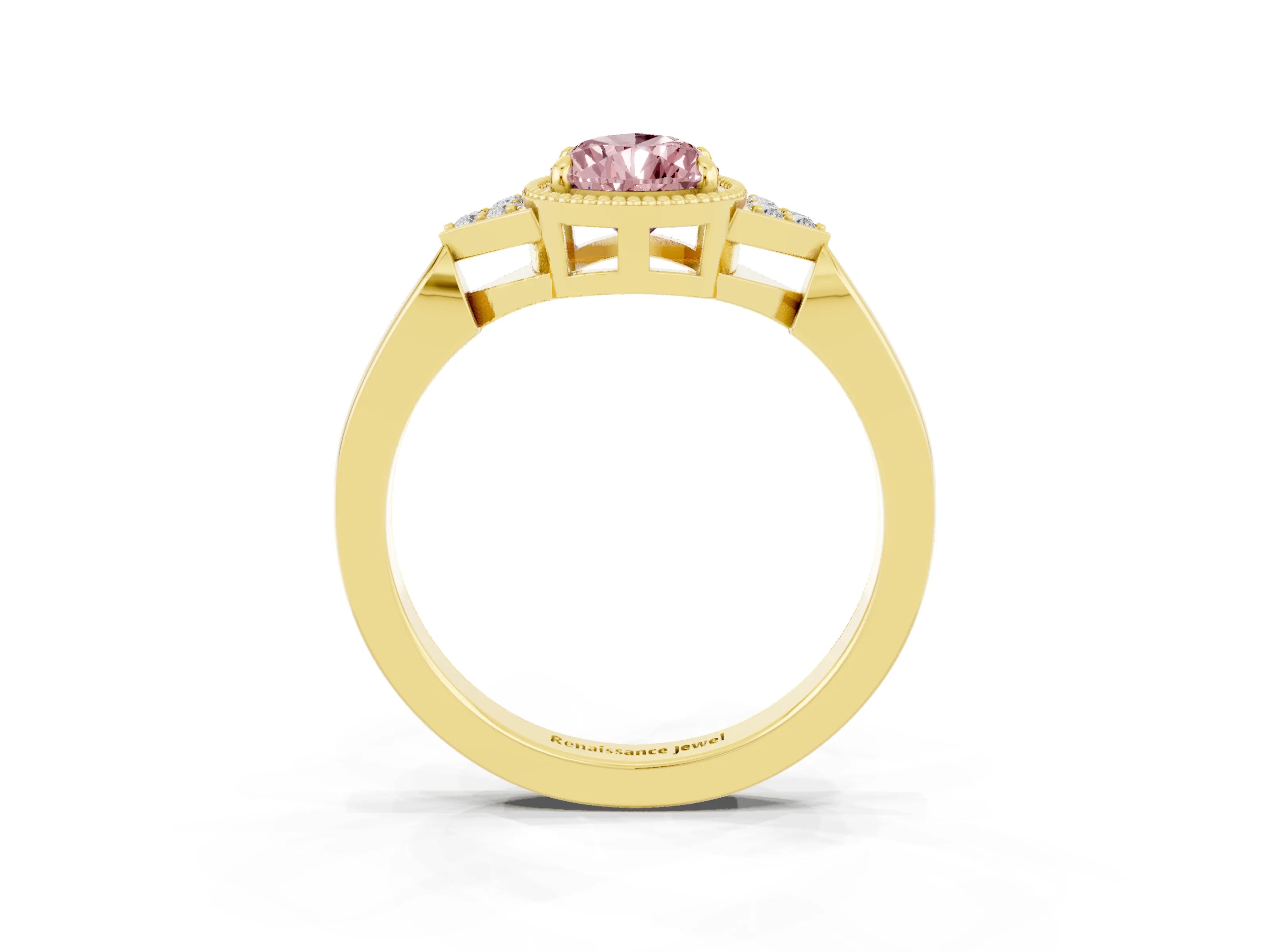 Yellow gold Pear Cut Morganite Halo Ring with Tapered Band and Four-Prong Setting_3