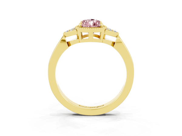 Yellow gold Pear Cut Morganite Halo Ring with Tapered Band and Four-Prong Setting