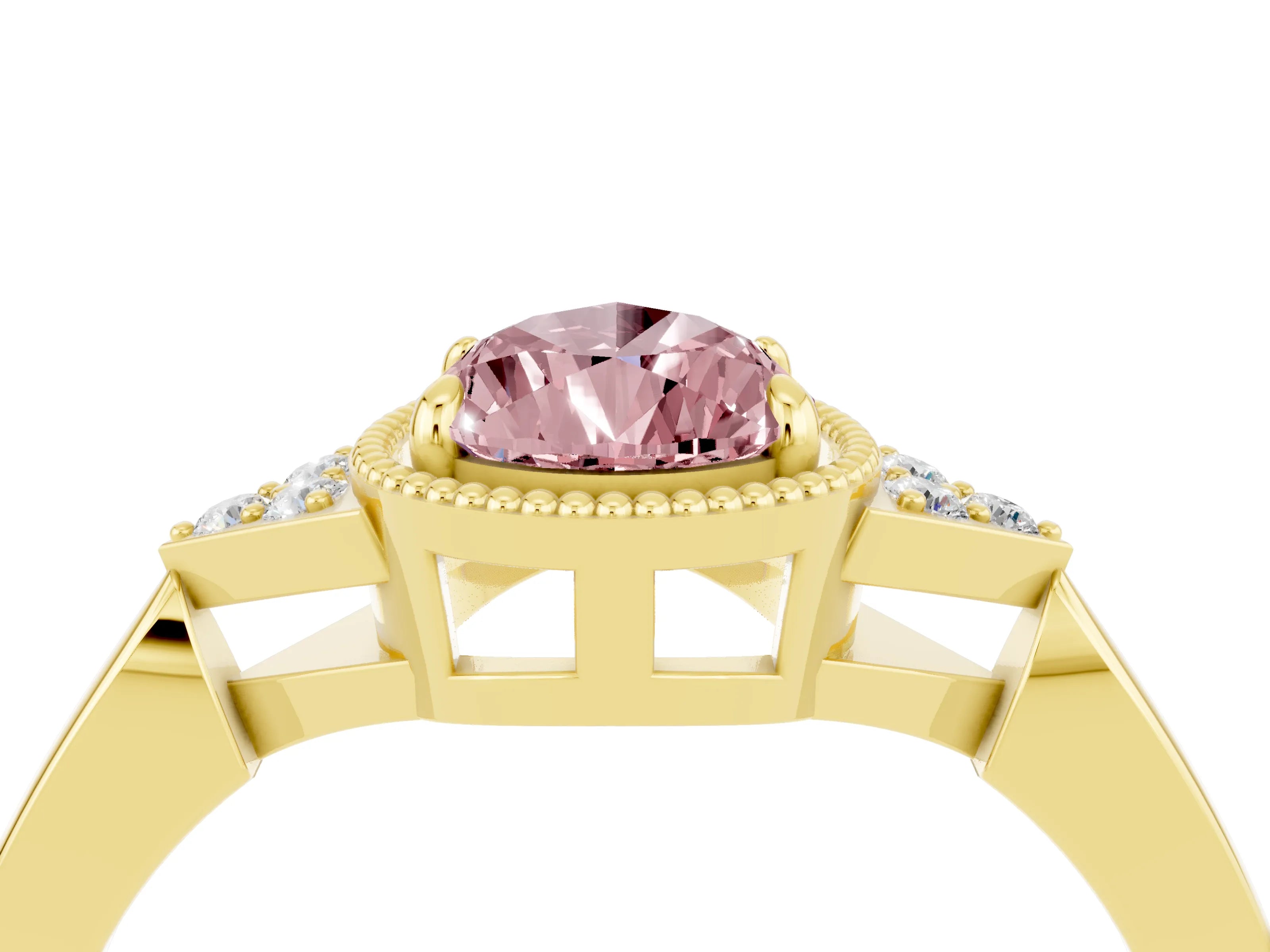 Yellow gold Pear Cut Morganite Halo Ring with Tapered Band and Four-Prong Setting_4