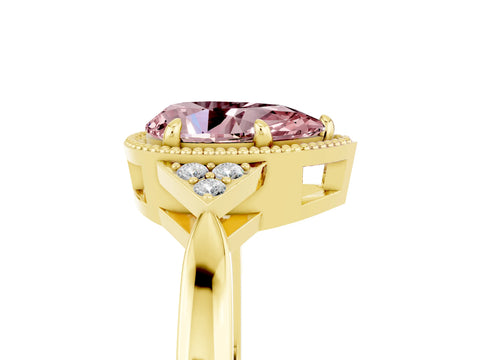Yellow gold Pear Cut Morganite Halo Ring with Tapered Band and Four-Prong Setting_5