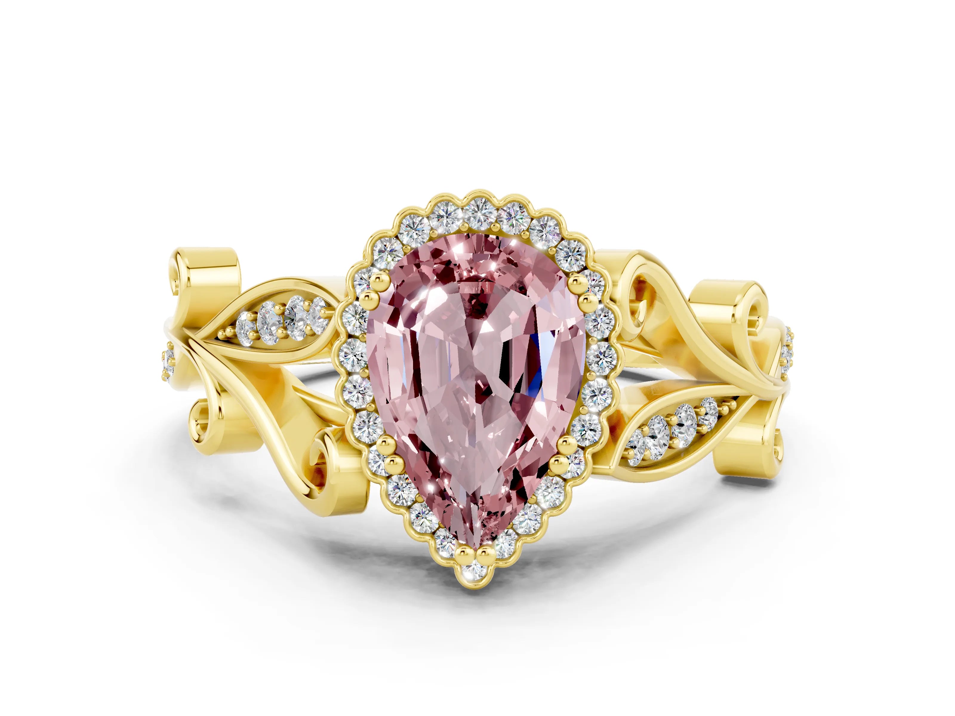 Yellow gold Pear Cut Morganite Halo Ring with Vintage Split Shank and Four-Prong Setting